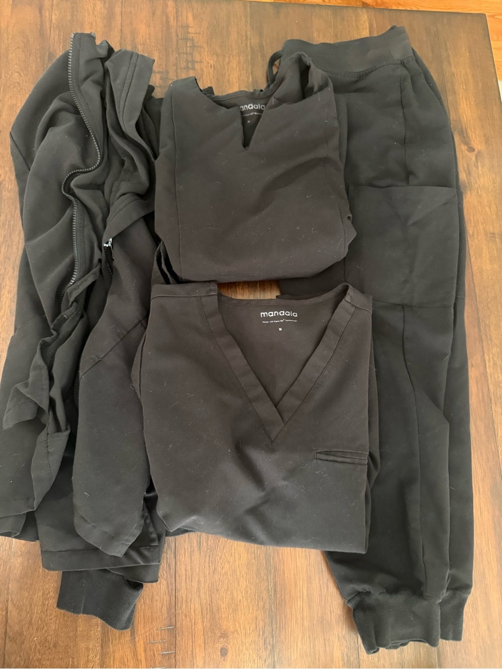 Mandala Women's Black 6 Piece Scrub Set: 2 Jackets, 2 Pants, 2 Tops